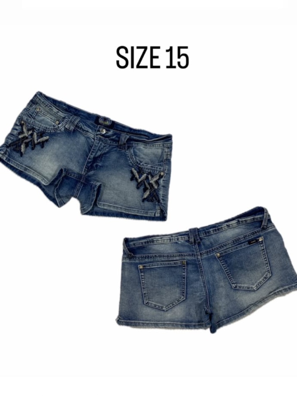 Angels Y2K Embroidered Denim Shorts Low Rise Blue Size 15